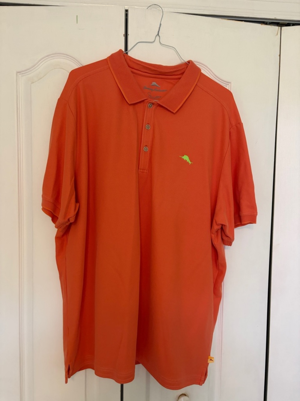 Tommy Bahama Orange Polo with Lime Dolphin Emblem